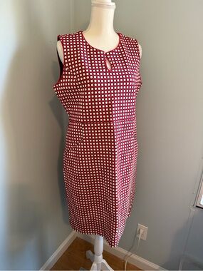 Lands' End Navy Blue Red Ivory Ponte Polka Dot Stretch Sheath Dress size 14.